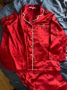 Victoria's Secret Red Satin Pajama Set with White Piping